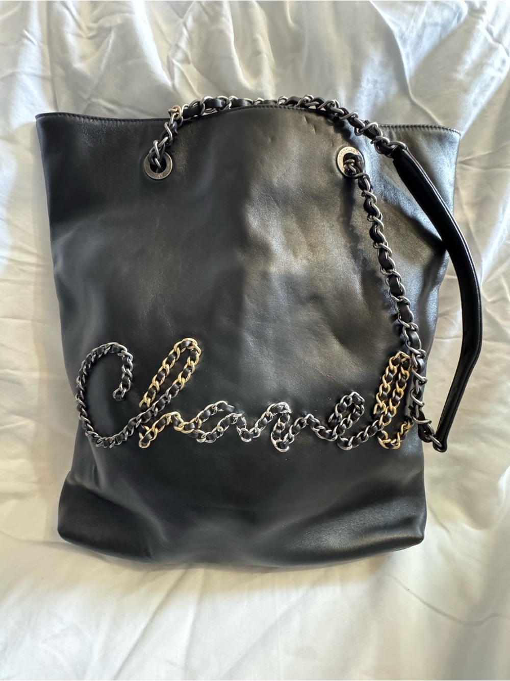 CHANEL Black Tote with Gold & Silver Chain logo